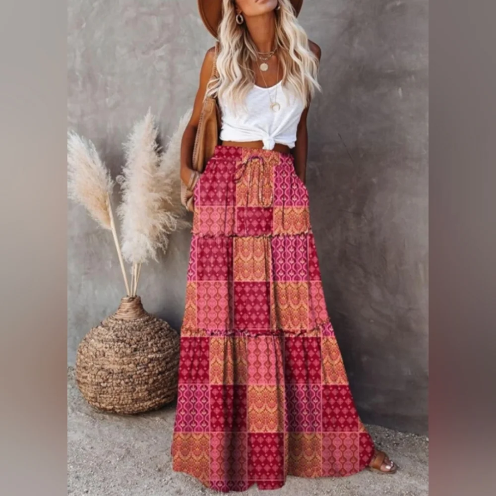 Maxi Skirt 70s Style Long Pocket Skirts - Long Floral Boho Patchwork Print Skirt - Picture 2 of 9